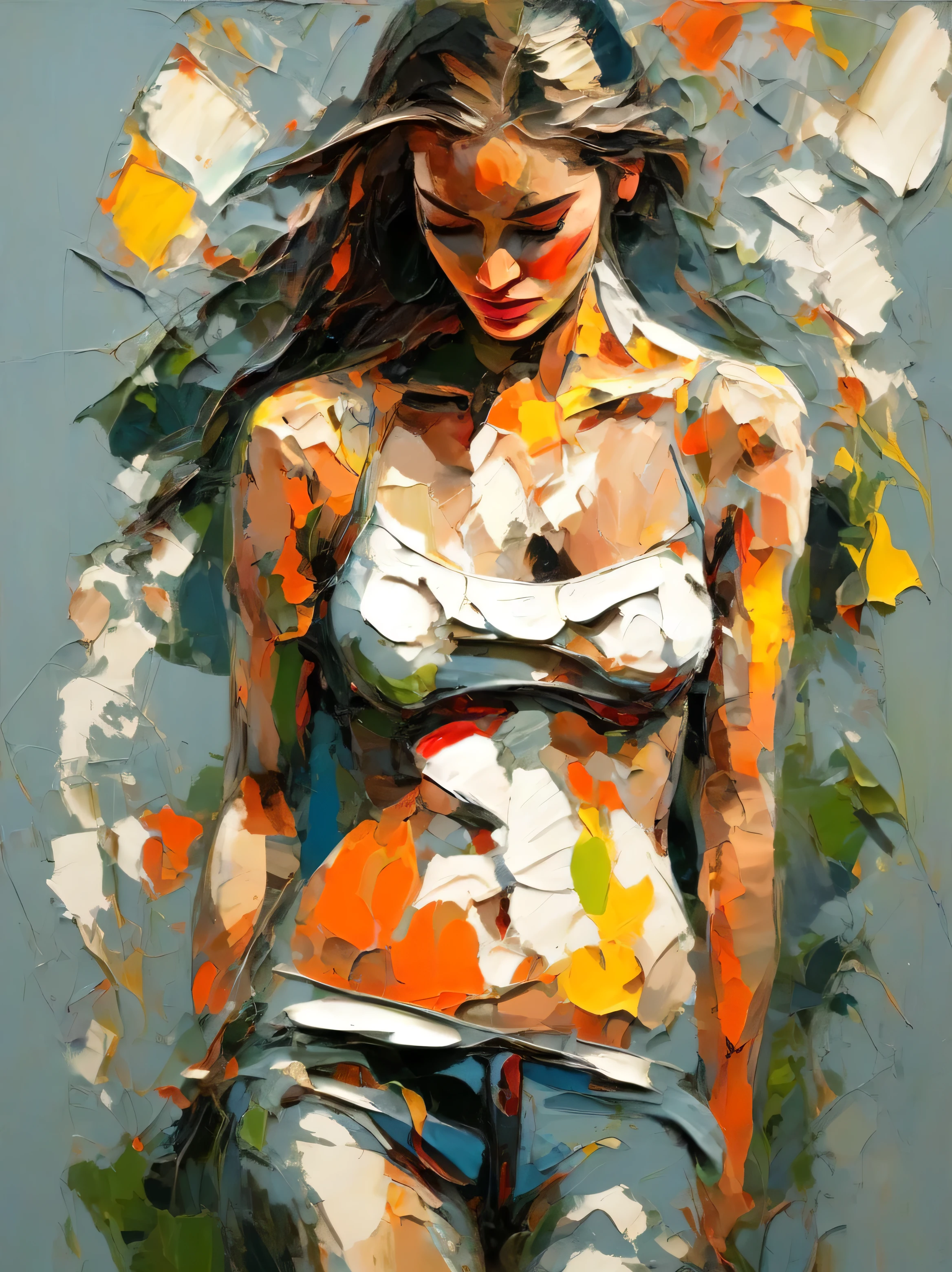 Body young woman, very thick impasto impresionismo abstracto, Alta resolución, very thick Impasto. Stylized rough impressionistic painting with large palette-knife