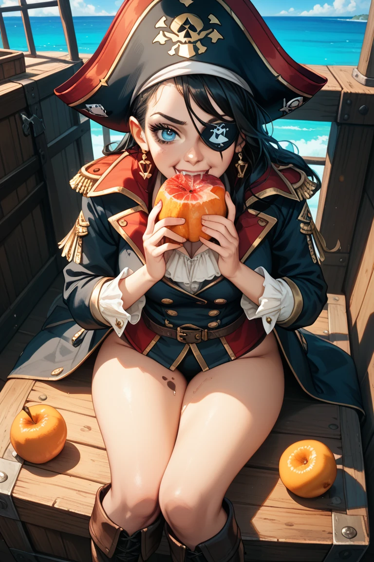 a girl ((naked)) ((WITH SHORT WAVY ORANGE HAIR)) dressed as a pirate in front of computer monitors typing at the keyboard (((with small breasts showing))) and with a parrot on her shoulder (black collar around the neck)(with pirate hat) (in a dark room)(with black panties and black stockings)