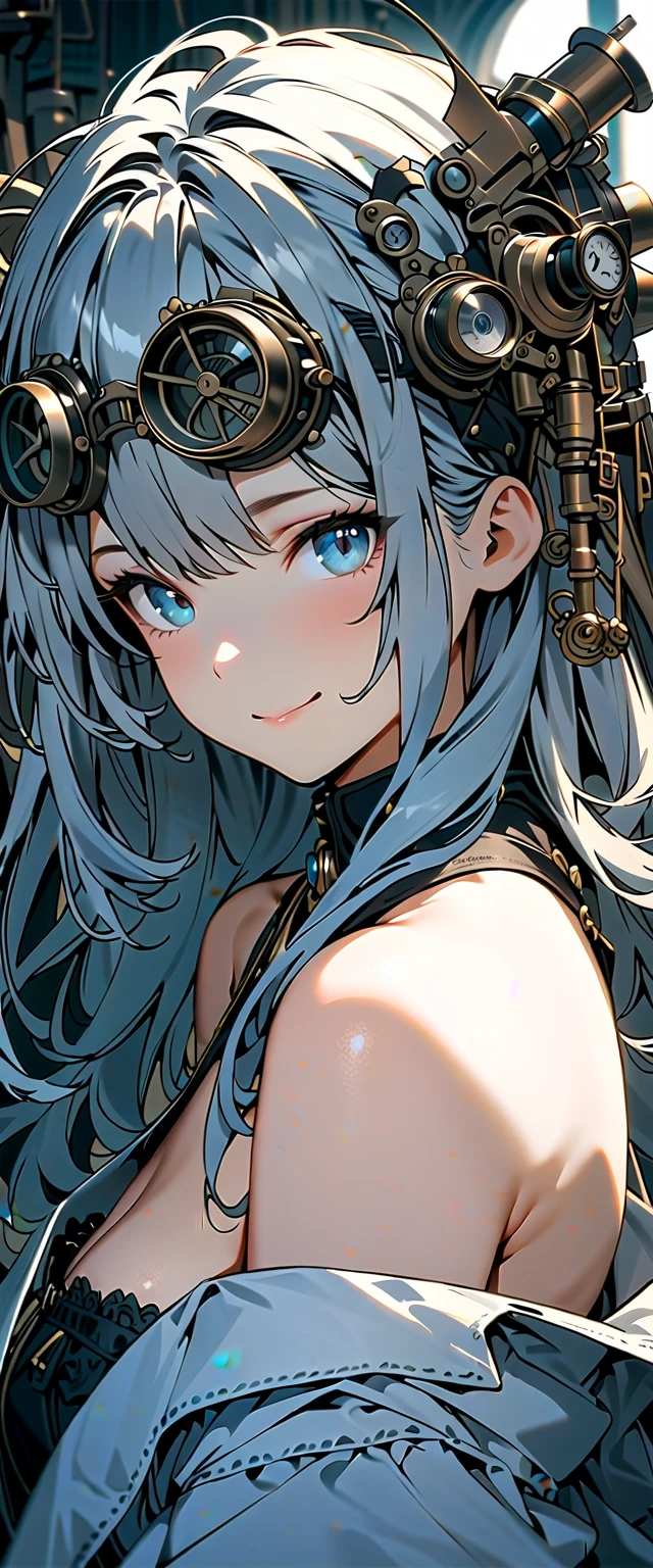 Shrink the suit, focus on a close-up shot of a girl with silver hair. She should be blinking and dressed as a vampire in a torn Lolita dress. She should have medium-sized breasts and be 18 years old. Capture a full-body shot with intense lightning, showcasing realistic and detailed skin, no underwear, bloody body