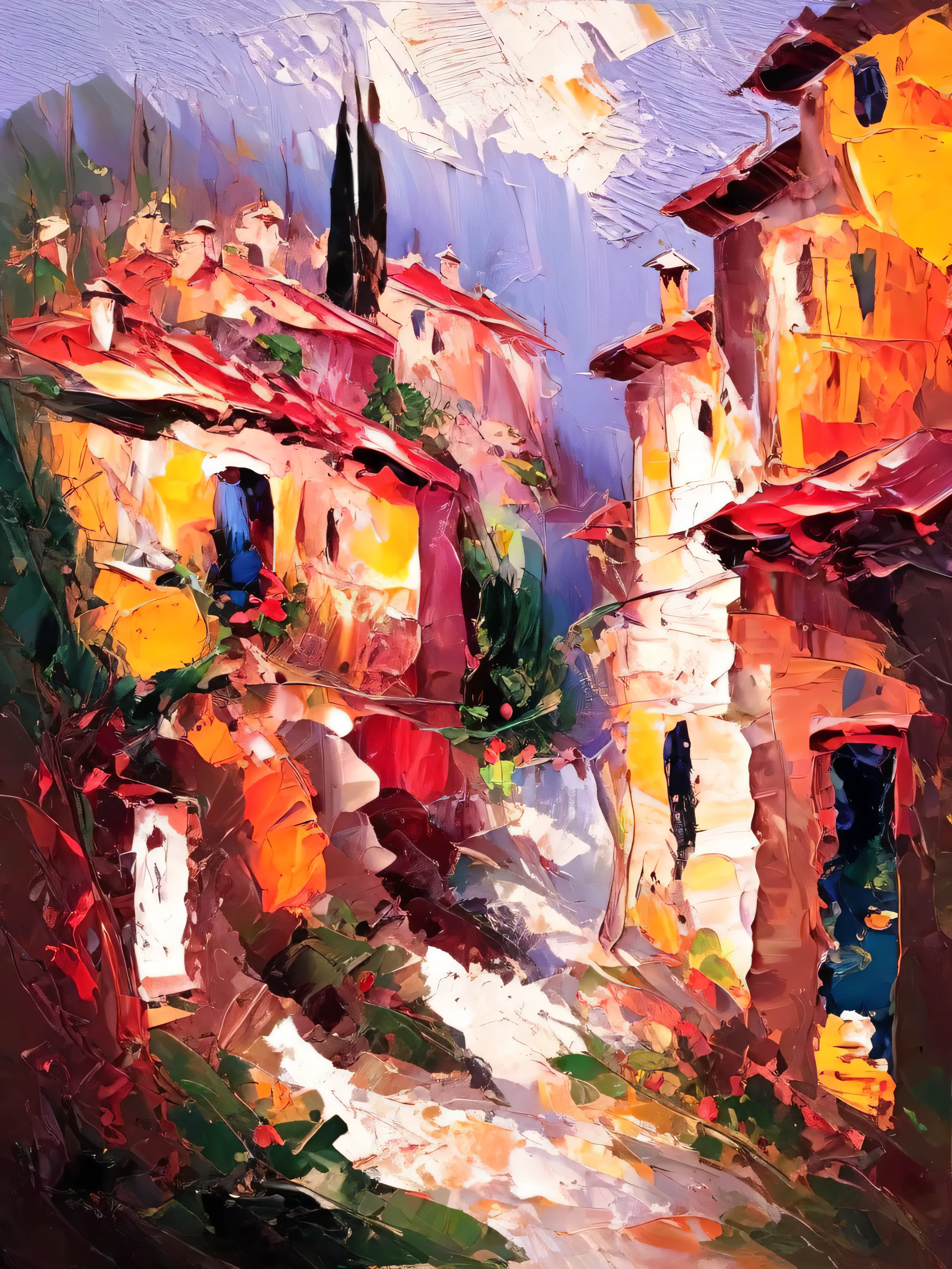 Old village, very thick impasto impresionismo abstracto, Alta resolución, very thick Impasto. Stylized rough impressionistic painting with large palette-knife
