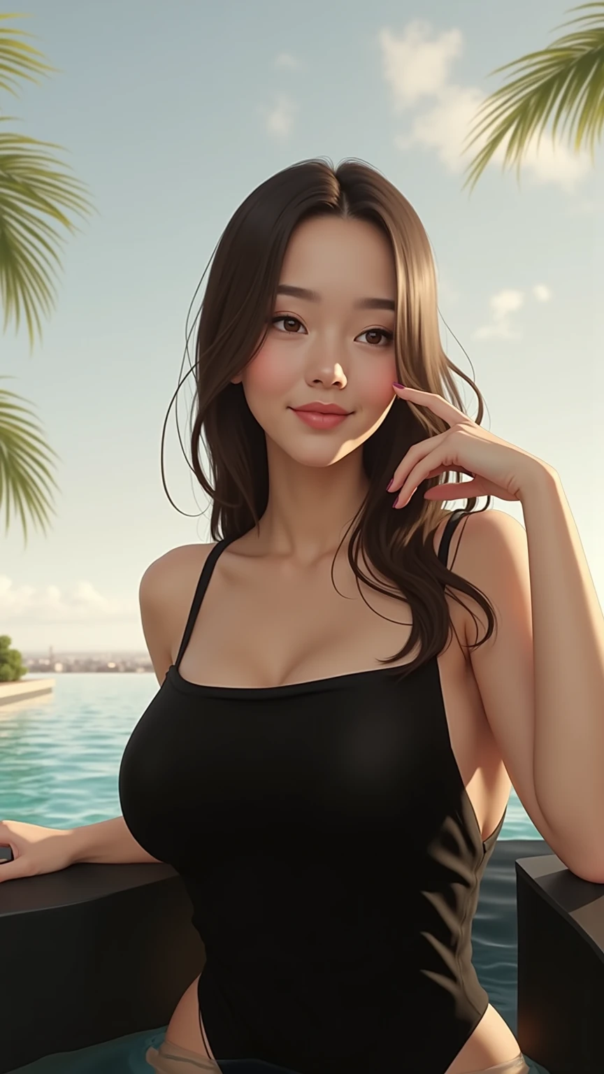 ((whole body)),((Highest quality)), ((masterpiece)), (detailed), One girl,((Big Tits:1.5)),sexy,Black Swimsuit,(Triangle Bikini),((whole body)),Standing image,smile