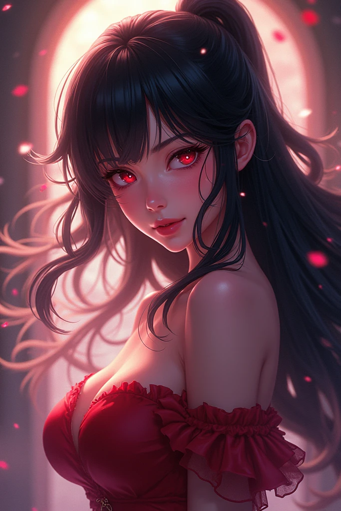 Beautiful woman one piece style, black hair, light red eyes, (Robin style)