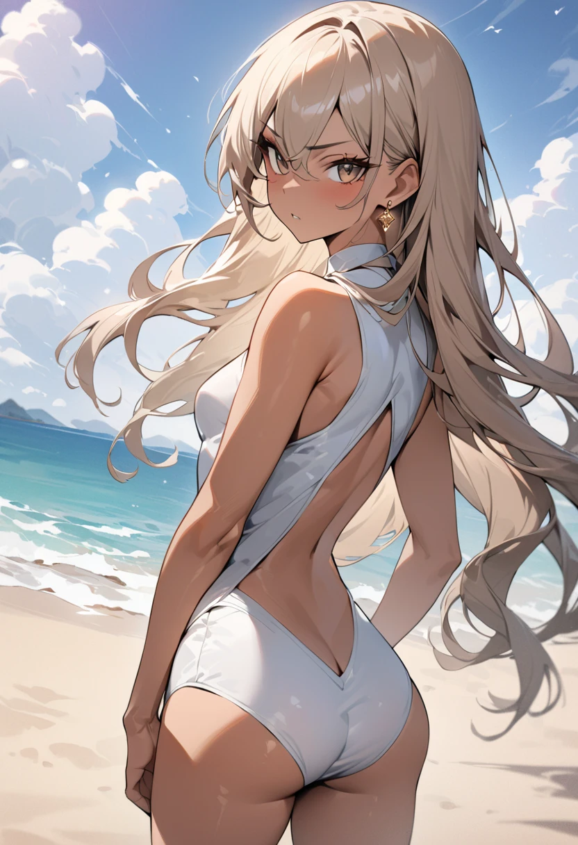 masterpiece, best quality, highres, high_definition, very long hair, a beach, 1girl, solo, a woman in a sexy bridal dress, white glove, sexy pose, blush, little smile, bangs, hair_between_eyes, purple eyes, blond hair, ponytail, medium_breasts, sexy lingerie, seductive pose, sexy pose, very long hair, bridal veil, arm behind head,