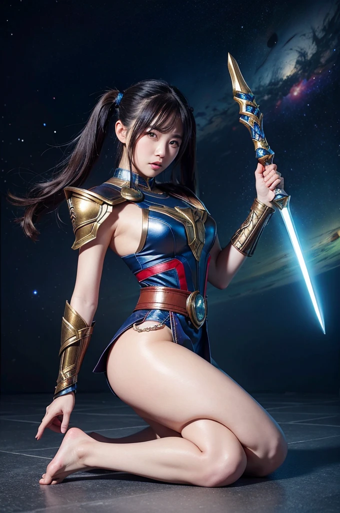 ultra‐realistic, a beautiful 17 year old concubine, adorable face, a model with ethnicity mix of Korean and Chinese, wearing sexy shiny black armor in style of ancient Ayutthaya art, highly detailed and intricate armor, stacked shoulder armor, multi-piece metal skirt, partially nude thigh, big grey cape, --v 4-
