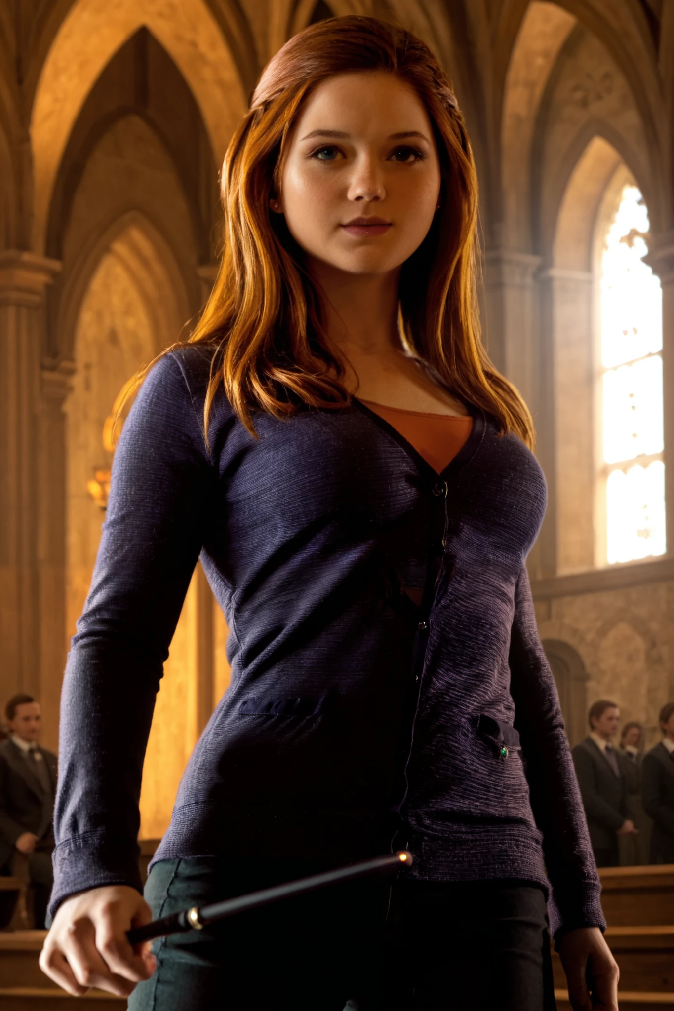 Ginny_Weasley, Gryffindor uniform, revealing clothes, holding a magic wand in their right hand, dominatrix, strict posture, sensual masterpiece, 8 k, Nothing, Award, (highest quality:1.5), girl, hogwarts Breathtaking beauty , perfection, divine presence , unforgettable, fearsome , Breathtaking beauty , surround light, auras, rays, Vivid color reflections, details, HDR, epic background, Line art, digital illustration, comic book style, speaker, highly details, artstation, concept art, smooth, sharp focus, illustration, Thomas Moran style , art by Carne Griffiths and Wadim Kashin, details background, rule 60-30-10 colors , warm tones, godrays, unreal engine, greg rutkowski, loish, RHADS, Bipl, Makoto Shinkai and Lois van Baarle, Ilya Kuvshinov, rossdros, tom bagshaw, Alphonse Mucha, global coverage, details and intricate environment