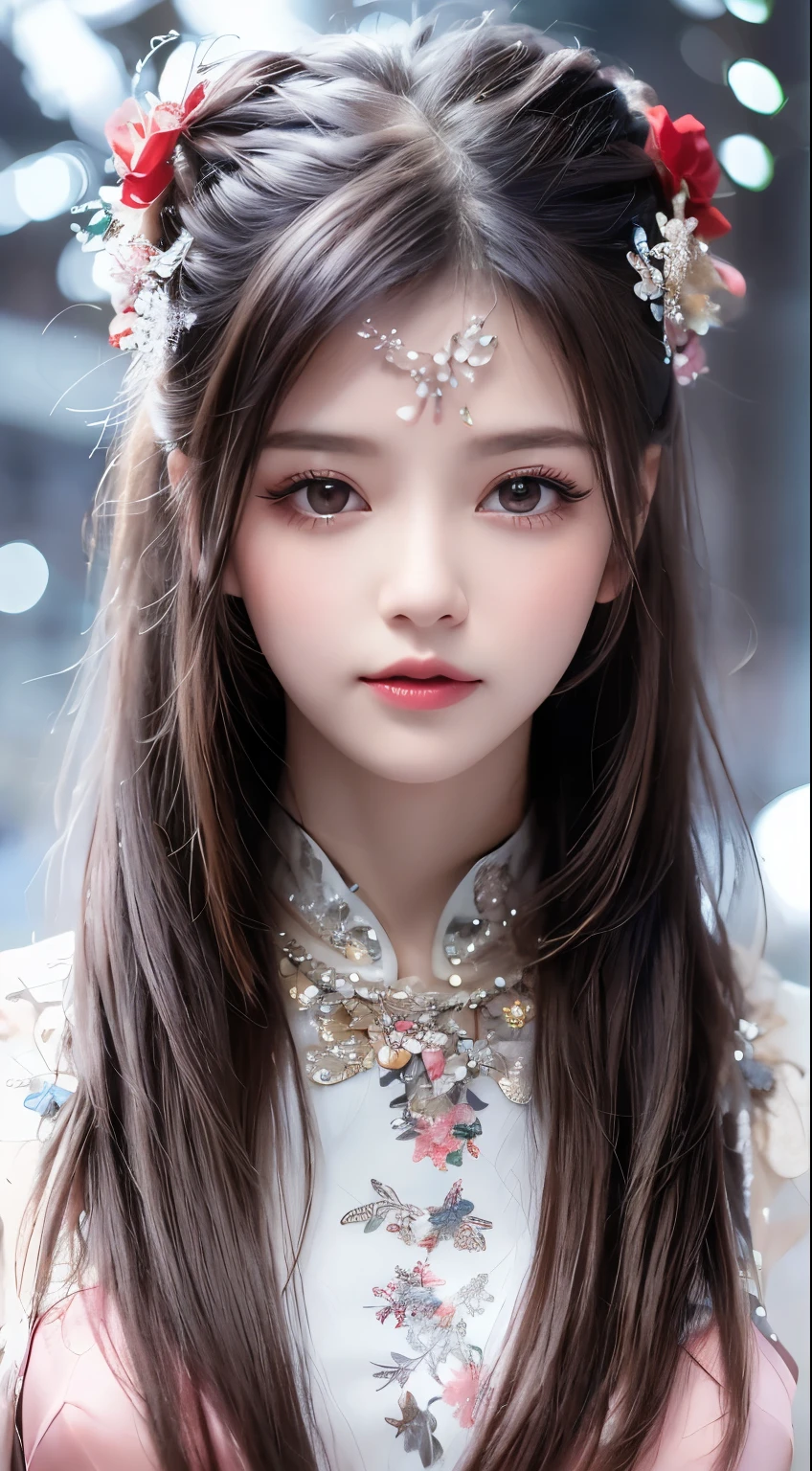8k ultra hd, mastermiece, a girl, good face, detailed, eyes, beautiful lips, very hong hair, spreading hair, medium breasts, wedding dress, red dress, in the park, flying birds, blowing winds, clear weather, sitting, whole body capture,