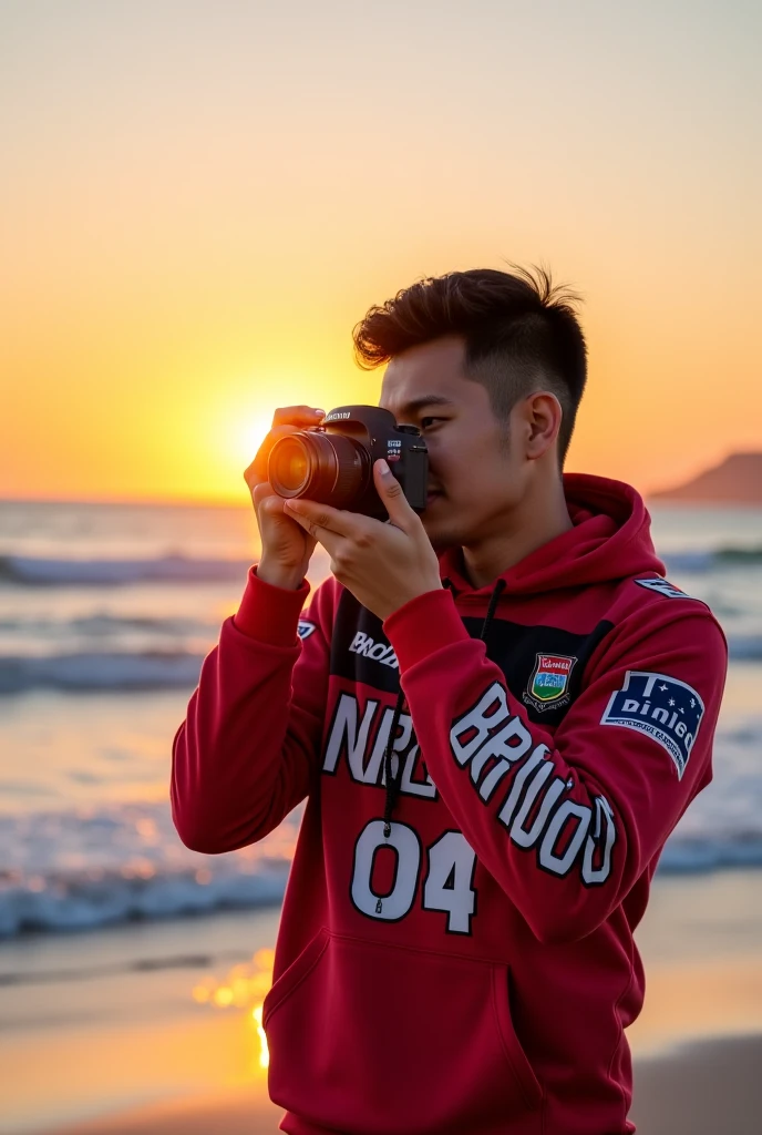 photorealistic, best quality, masterpiece, extremely detailed, sexy, homoerotic, extremely handsome, 20 year old chubby polynesian man, stocky build, pouts, takes your photo with a DSLR camera in one hand, points to you with another hand, by the pier, extremely romantic atmosphere, perfect face, perfect fingers, perfect hands, perfection
