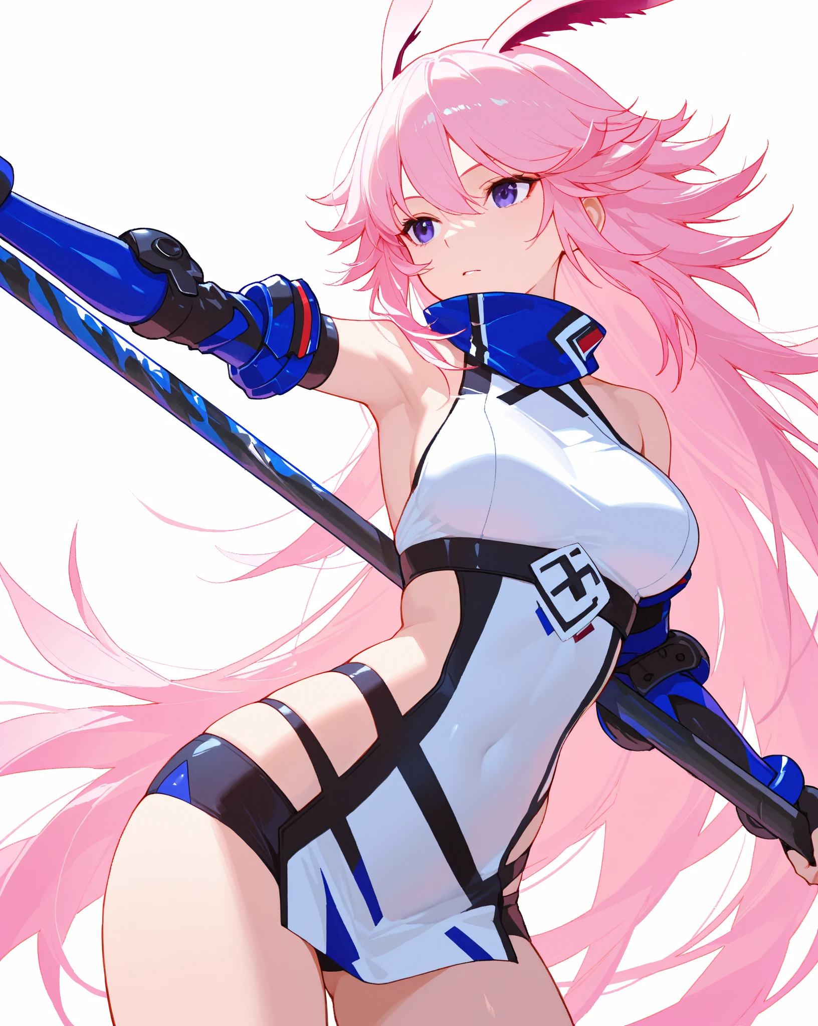 boy, long hair down to his shoulders and with bangs, half blue and white, fair skin, large pink eyes, bulky body like a woman, wears little clothing