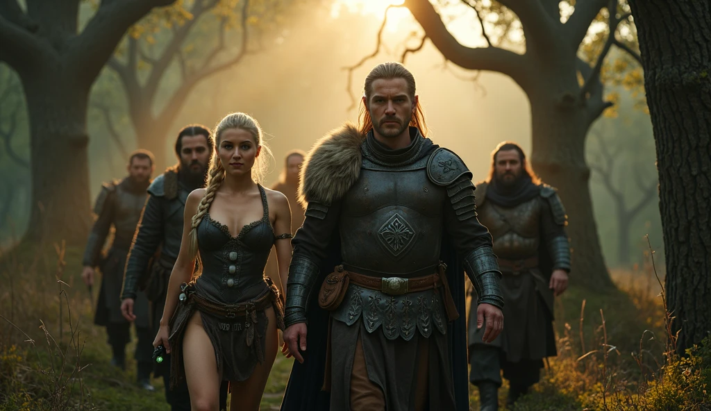 Black Viking left arm tattoo design, a full body muscular viking man and beautiful blond woman showing big busty and butt without clothes showing vagina, muscular legs, holding big sword with right hand, brown hair divided with bangs, perfect eyes, wearing warrior leather shoes, wearing warrior boots, lake and mountains in the background.
