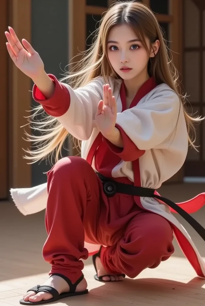 Takoken, which is the pinnacle of Nippon Kempo （Octopus fist）A woman who has mastered、Whole body expression、Where the young master 、 showing off the flexibility of the body 、 where attacks are launched from a soft body、 where hand swords are thrown out from a soft body 、Combative Poses、21 years old、cute face、 wearing practice clothes based on red and white 、Realistically