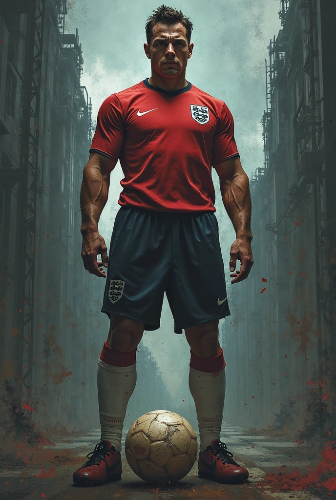 A football player, sexly, flexing, dressed in the England uniform, holding a football, muscled body, photo realist, 8k.