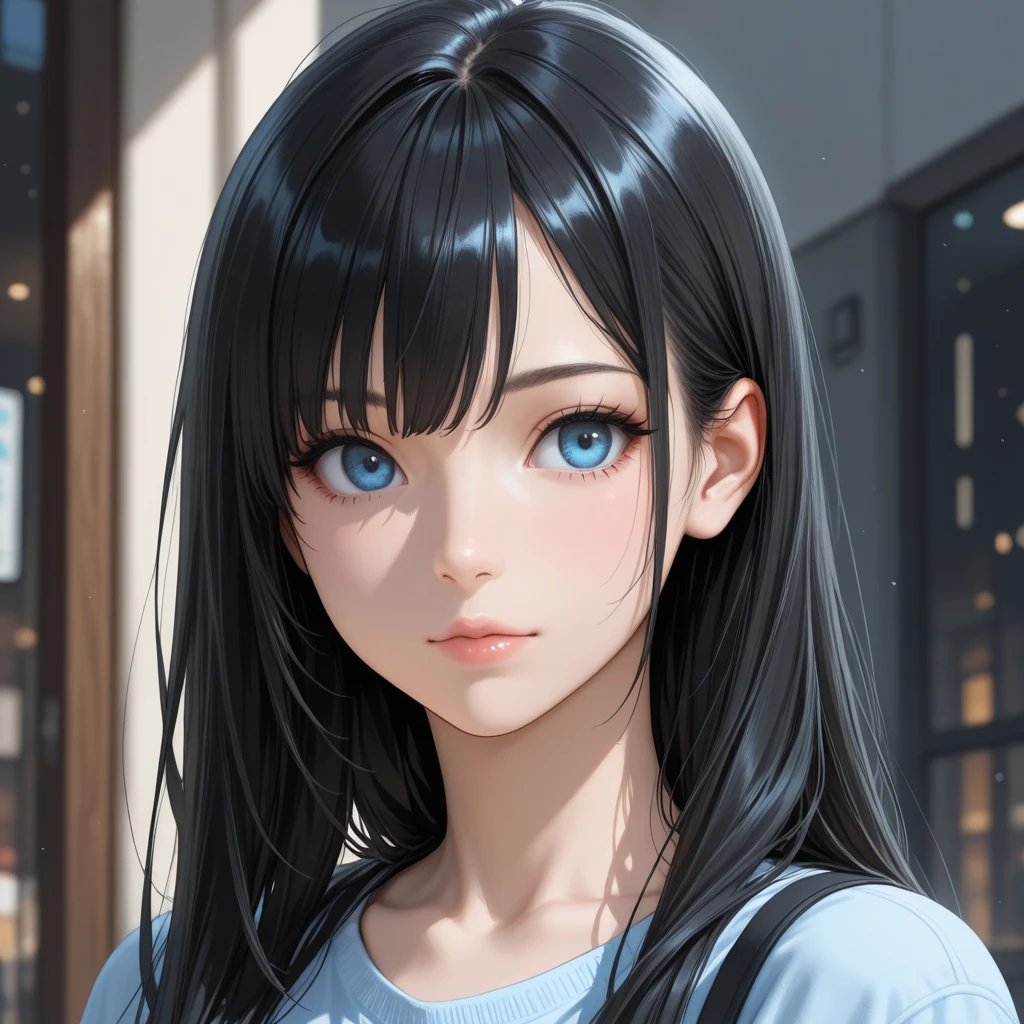 best quality, masterpiece, black hair, blue eyes, looking up, upper body