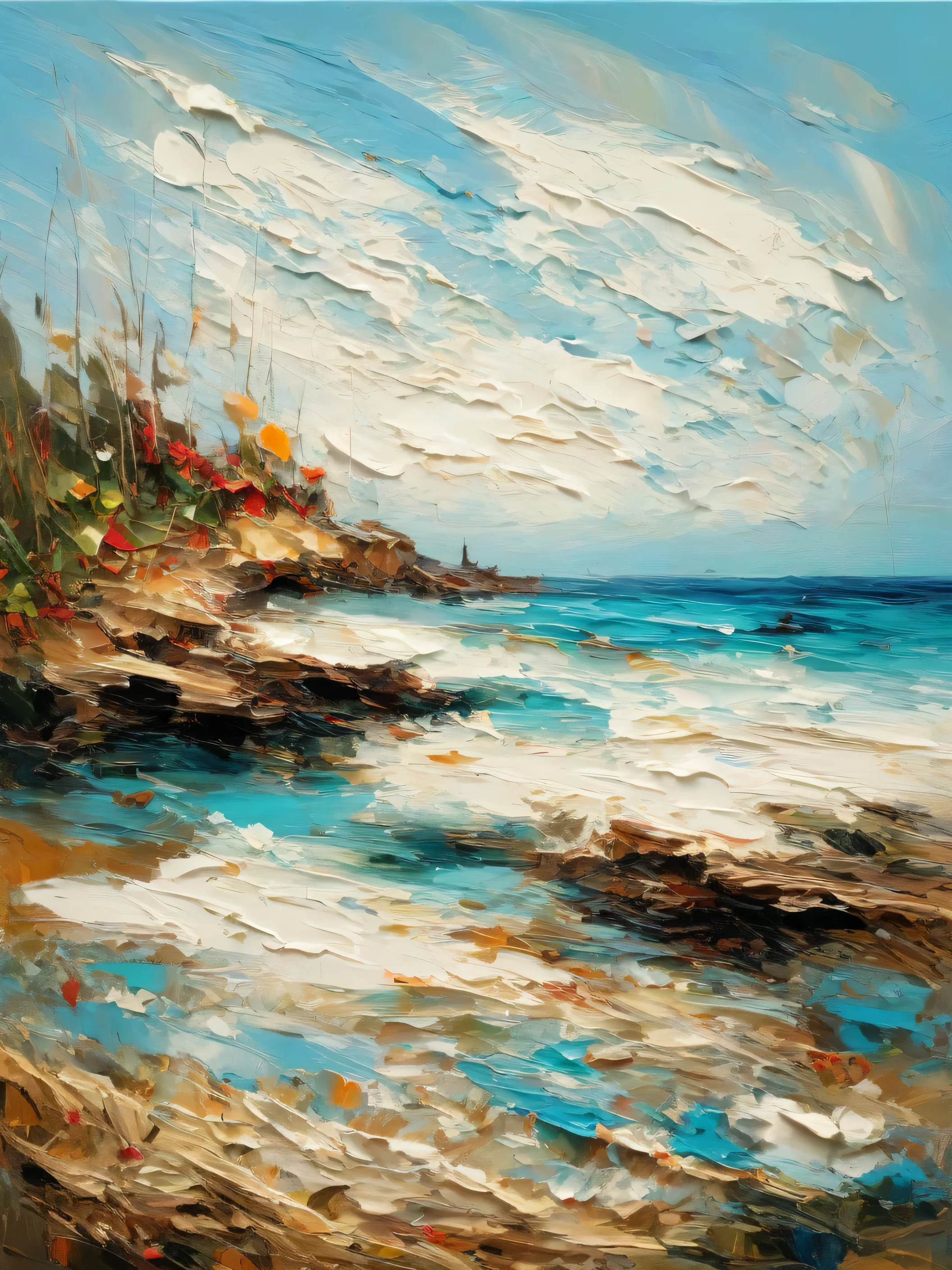 ocean and beach with wood, very thick impasto impresionismo abstracto, Alta resolución, very thick Impasto. Stylized rough impressionistic painting with large palette-knife