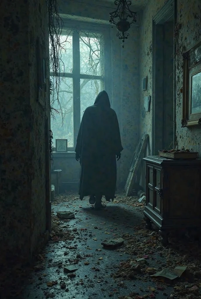Shadow figure appearing in the corner of abandoned hotel