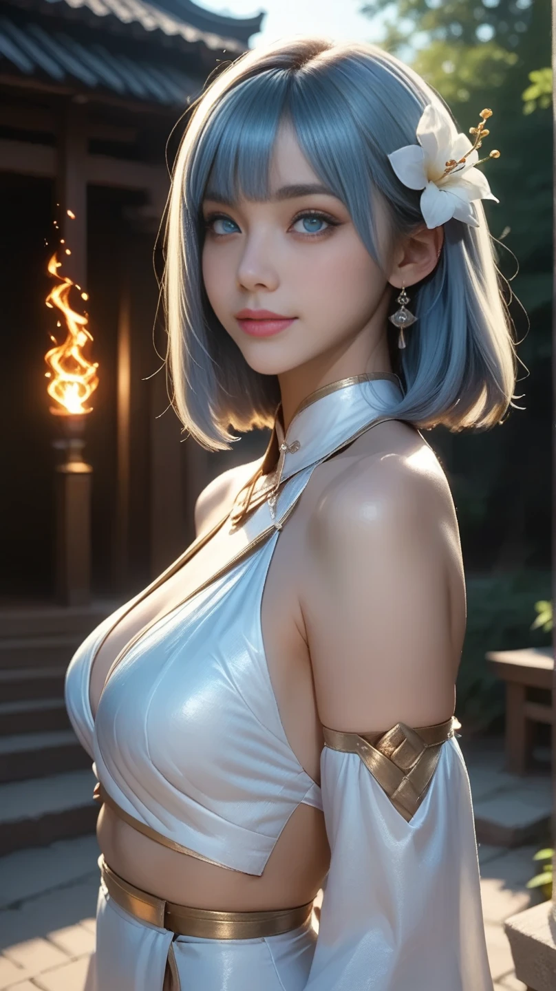 Silver hair, short hair, upper body, standing underwater, split bangs, modern, surreal, cinematic lighting, chiaroscuro, masterpiece, textured skin, high resolution, high quality, high detail, beautiful face, beautiful breasts, pronounced cleavage, translucent clothes, falling petals