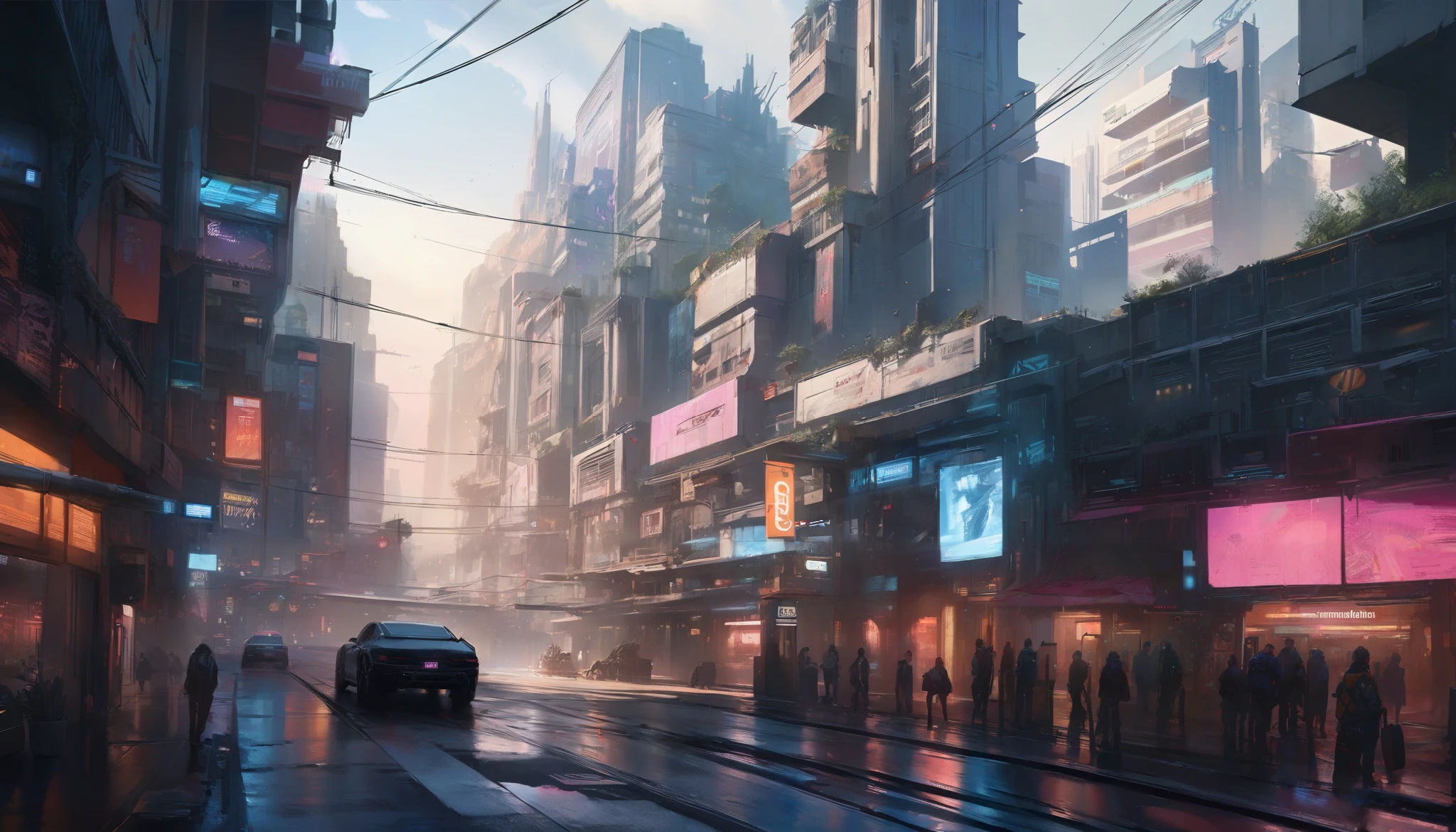 cyberpunk city,street,afternoon,landscape,detailed,masterpiece,smooth and soft light,realistic,digital_art,concept_art