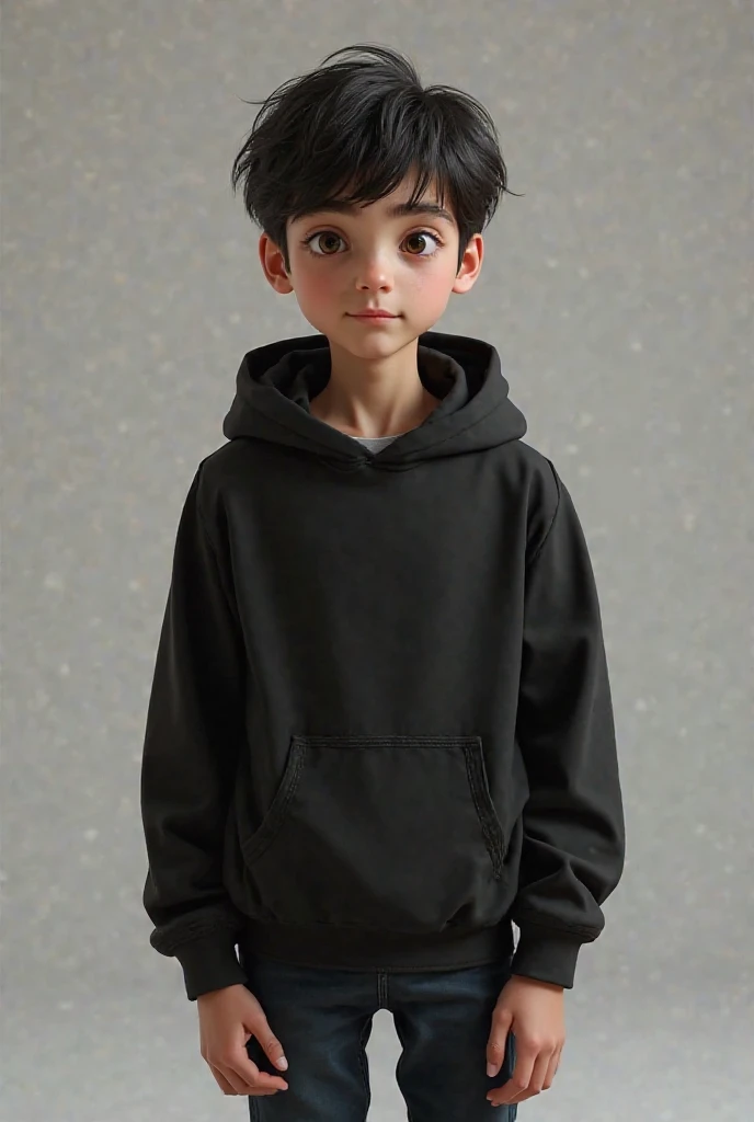A very shy boy wearing a black sweatshirt