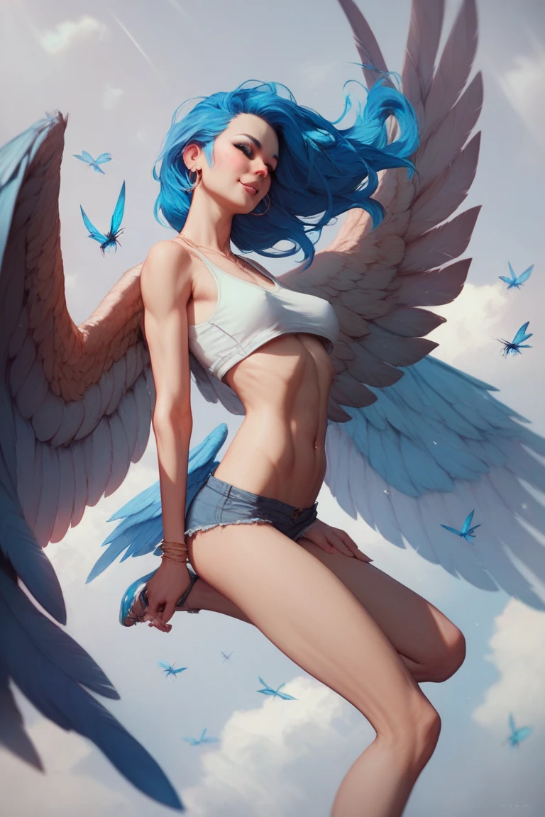 drawing of a woman with wings and bra top, inspirado em Rob Liefeld, anjo, possivelmente um anjo, commission for high resolution, epic angle and pose, anjo alada, CO Commission, garota anjo cavaleiro, asas angelicais nas costas, lindo anjo feminino, anjo majestoso de corpo inteiro, of an beautiful anjo sorriso maroto sorriso feliz