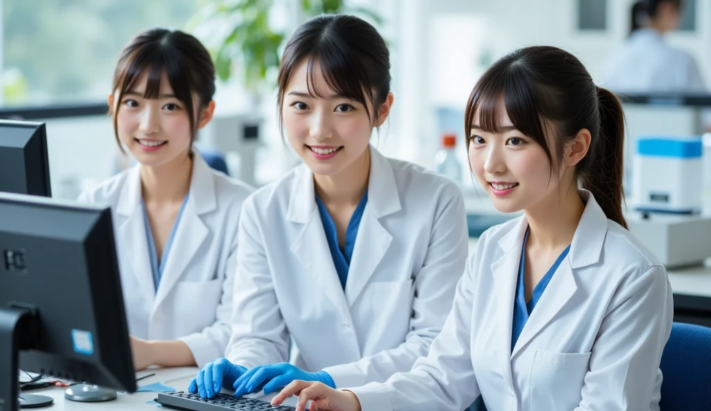 Wearing a white uniform,smile,There are two female students sitting at a table working on a project., year 3022, japanese high school, School classes, student, partially turned to the left, child, High quality film stills, using a robot arm, yukio - e, In the laboratory, dramatic shot, high school girl, advanced technology, concentrated shot, High resolution, wide shot, high school