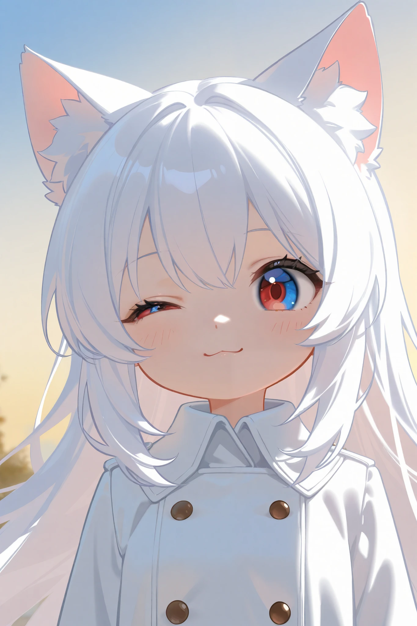 white hair , red eyes on the left,blue eyes on the right,Wearing a white trench coat ,Cat ear girl,cute anime image,tchibi,single girl,Wink, cute expression