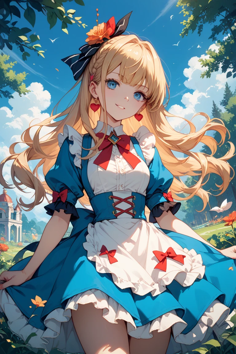 masterpiece, high res, detailed face, detailed eyes, anime screencap, 1 girl, (giant sunflowers), giant caterpillar. Alice in wonderland, medium breasts, blonde hair, blue eyes, messy hair, red ribbon, blue dress, apron, blue cape, white black striped high stockings. full body, standing, looking up, outdoors, <lora:Alice:0.9>