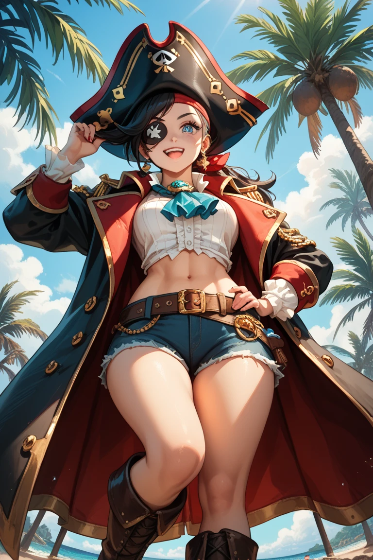 masterpiece, high quality, a 24yo pirate woman, wearing a hat and an eyepatch, colorful hair with seashells, legs crossed, bright orange eyes, cool pirate outfit, perfect jawline, textured skin, freckles, bored look, sunbeams, seawater, ocean, bright atmosphere, 8k, uhd, absurdres
