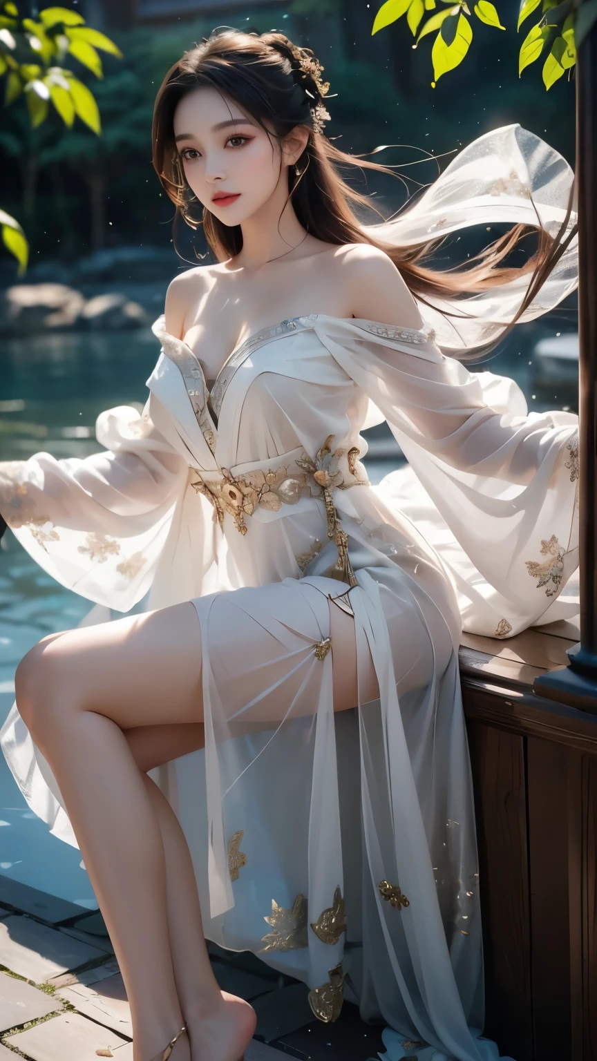 chang_e,hanfu,moon,((Bare shoulders)), ((whole body)), Practical, Fashion Girl, red lips, Mature women, cosmetic, big eyes, beautiful eyes, ((whole body)), ((from below)), (best quality, masterpiece:1.2), Super detailed, (Practical:1.37), ((Sexy long legs)), beautiful, Young and energetic, Charming model with, Large Breasts, cleveage, (Delicateeyes, Detailed lips, extremely Delicateeyes), Show a bright smile, Create stunning girl images, warm color, Extremely high color saturation, Official Art, Extremely detailed CG unified 8k wallpaper,(High Dynamic Range :1.4), (Movie),(Soft colors, Dull Color, Soothing tone :1.3), (Natural skin texture, ultra-Practical, Soft Light, sharp),(Very detailed), night, moonlight, ((In the mountains, plant, Leaning against the rocks))
