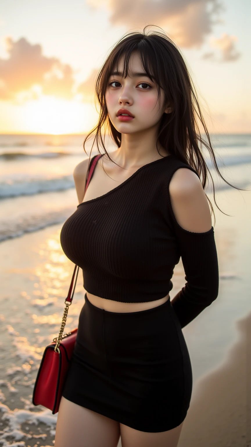 (Best quality, 8k, 32k, Masterpiece, UHD:1.2), (realistic:1.5), (masterpiece, Extremely detailed CG unity 8k wallpaper, best quality, highres:1.2), (ultra detailed, UHD:1.2), (face focus:1.3), Photo of extremely cute and beautiful Japanese woman, (mahogany wavy thin hair:1.2), adult, (detailed beautiful girl:1.4), best quality, woman, adult, best quality, masterpiece, (1girl:1.37, solo), Beautiful face, (photo realistic:1.3), rim lighting, (high detailed skin:1.2), 8k uhd, dslr, high quality, high resolution, 4k, 8k, Bokeh, absurdres, best ratio four finger and one thumb, (realistic:1.3), cute 1girl, wearing a cream zip-up cardigan:1.3, black leather skirt:1.3, medium-large breast:1.25, blue ocean view, white sand beach, ((sunset:1.5))), wind:1.3, up-skirt:1.3, hands on thigh:1.3, arms behind back, walking,