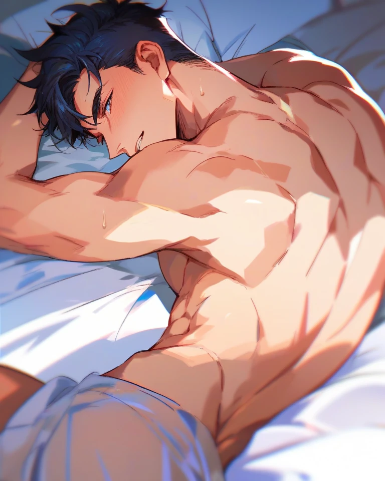 A young man lay on a wooden bed, black hair, dark eyes, shirtless, slightly muscular, with wounds all over his body at night.