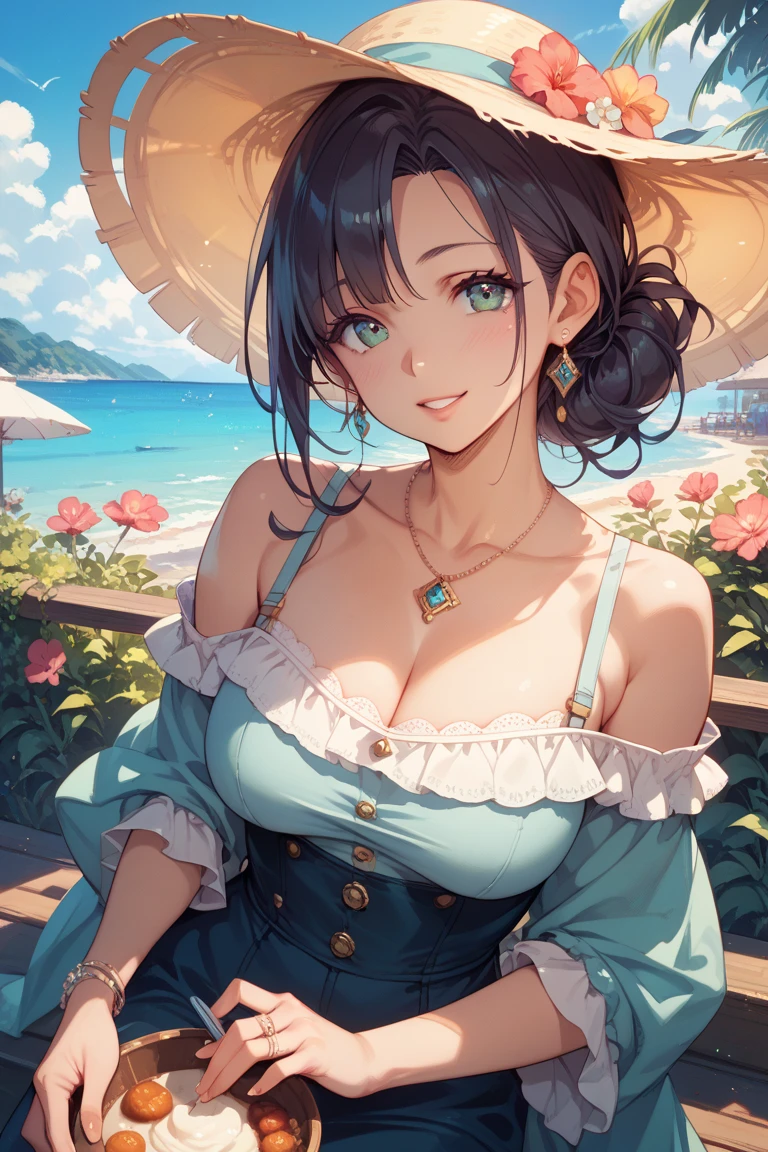 (High quality, High resolution, Fine details), a close-up woman with her mouth open and tongue sticking out, Summer clothes, solo, curvy adult women, sparkling eyes, (Detailed eyes:1.2), blush, Sweat, Oily skin, View from above, Soft tones, shallow depth of field