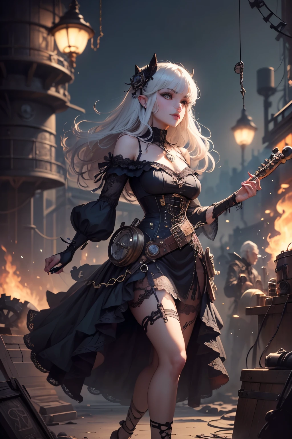 (Ultra-detailed face, Looking away, Gothic Illustration, Dark tone colors.), BREAK 
(A meticulously crafted, steampunk-inspired illustration of a four-piece girl band, where a young, dark-haired keyboard player takes center stage. Her intricate, brass-detailed steampunk attire includes goggles and numerous gears and levers. Surrounding her are three bandmates, each with their own unique steampunk-inspired instruments. A drummer with a brass-and-wood drum set featuring gears and cogs, a guitarist wielding an electric guitar intricately adorned with brass accents and tubes, and a bassist whose instrument is a marvel of steampunk engineering with visible brass pipes and valves. The illustration's backdrop features a fantastical, steampunk-inspired cityscape, with steam billowing from towering machines and intricate gears visible everywhere, highlighting the rich visual details and immersive atmosphere of the scene. This detailed illustration will be a vibrant portrayal of a steampunk musical collective in a visually captivating setting.),  BREAK 
(They have pure white hair with dark gray eyebrows, waist-length wavy hair, small pink lips, lavender eyes, dark purple skin, long eyelashes, and thick eyeliner. Smile.), (She wears a necklace with multiple charms of glowing blue light fabers wrapped around it, and a jet-black, futuristically embellished lace-up dress with a deep red lace ruffle. She wears futuristic black sandals.)