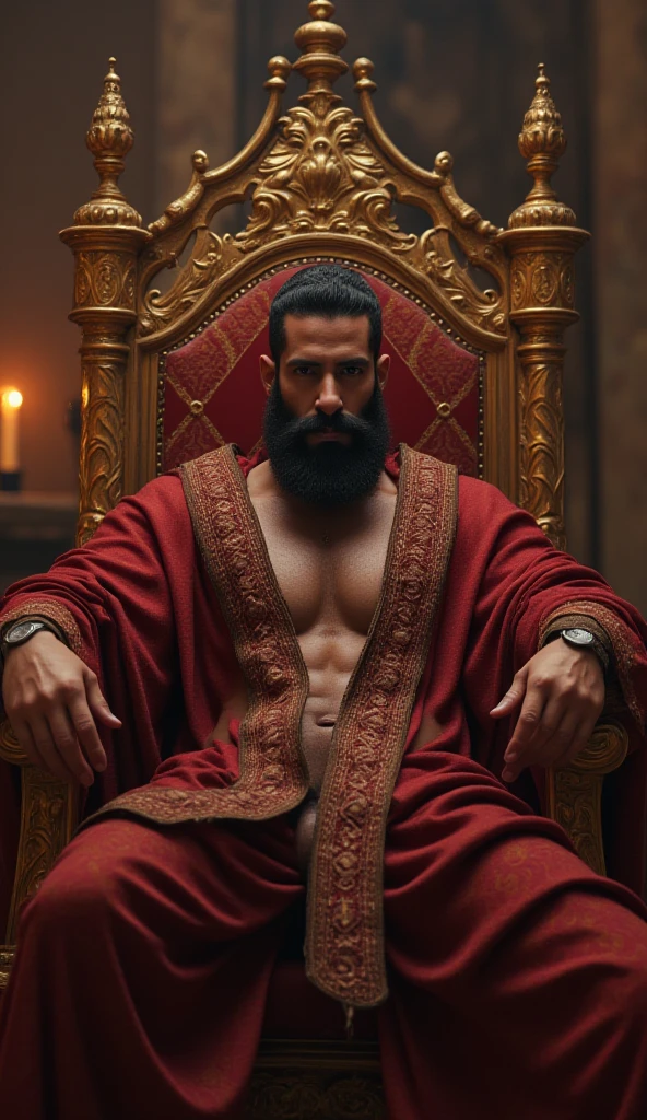 A man called the sperm master sitting at a throne while behind him sitting a woman that jerks him off and makes him cum against his will he tries to resist