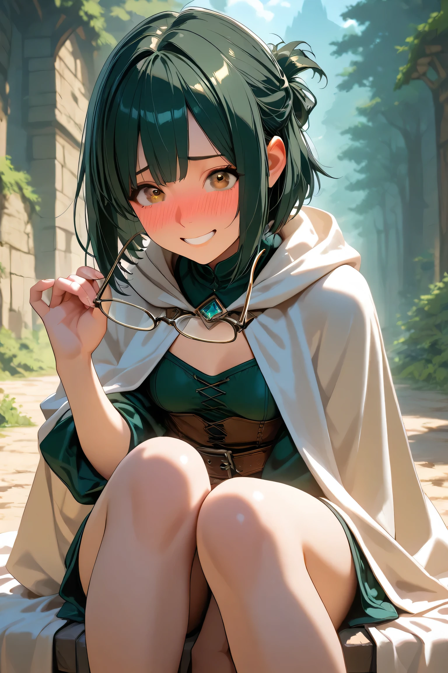 masterpiece, 8k, fantasy world, 1girl, outdoor, bob hair, half up hair style, dark green hair, close-up face, enchanting eyes, perfect face, clear darkened brown eyes, looking at viewer, (embarrassed), smile, grin, fantasy clothes, white long cloak with hoodie, holding a glasses, thin chests, small breasts, bare feet, (sitting:1.5), Dynamism, unrealistic beauty,