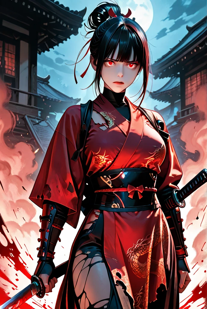 長い髪のbeautifulアニメ風の美女, (((Black brown hair)))Ponytail Hair,(((Highest quality)))Transparent Hair,The face of cool,(((Red eyes)))Beautiful woman full of pleasure,(((A well-defined, glamorous body)))((Huge bust))Tight waist,(((He is wearing a sleek black and grey radical Japanese samurai outfit.)))Loincloth,(((Radical Warrior)))Japanese-style armor exposing the chest, navel, and thighs,knife,Wakizashi(((beautiful)))Fair skin,(((Has a cool posture)))Full Body Shot,(((background)))wood,fog,Red Moon,Mysterious flower,Abandoned Castle。