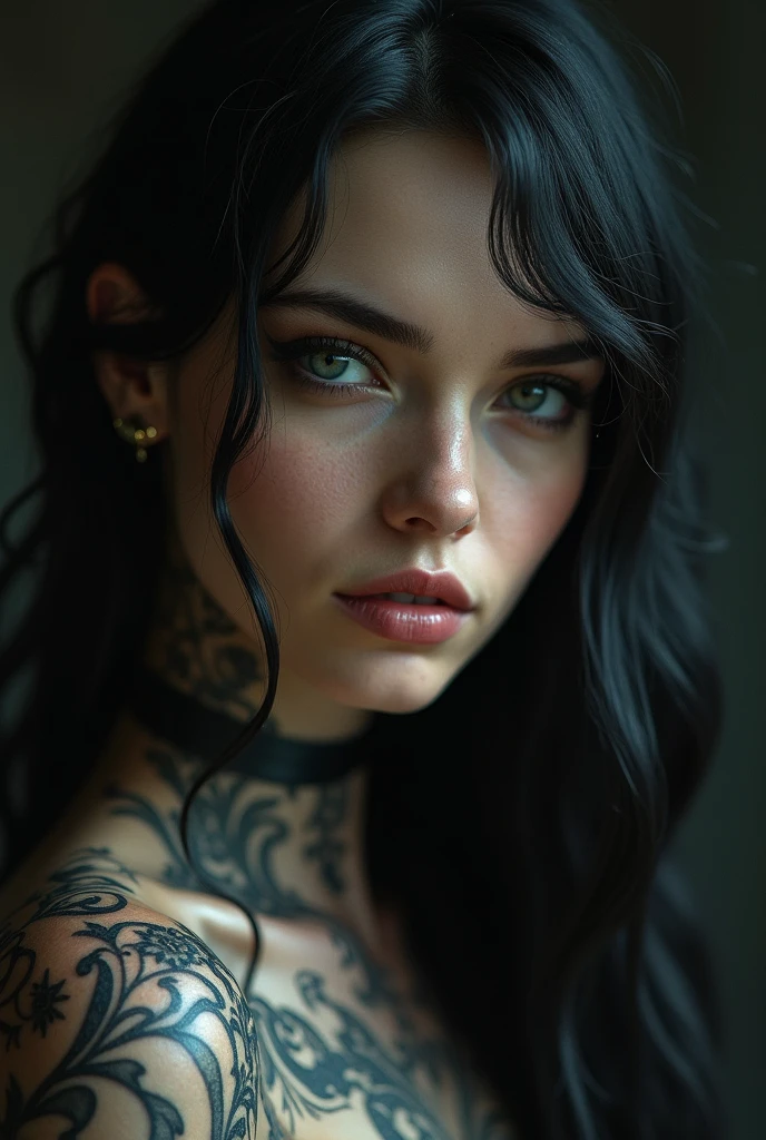 A woman with very long, wavy black hair ,chubby eyes and big lips with red lipstick ,thin, medium height and light brown skin with tattoos on her arms