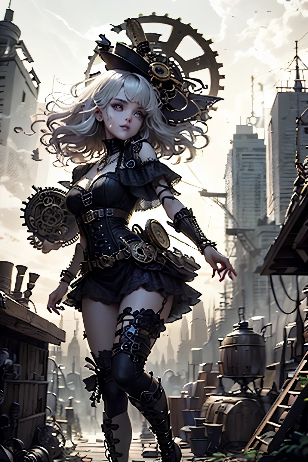 (Ultra-detailed face, Looking away, Gothic Illustration, Dark tone colors.), BREAK
(A meticulously crafted, steampunk-inspired illustration of a four-piece girl band, where a young, dark-haired keyboard player takes center stage. Her intricate, brass-detailed steampunk attire includes goggles and numerous gears and levers. Surrounding her are three bandmates, each with their own unique steampunk-inspired instruments. A drummer with a brass-and-wood drum set featuring gears and cogs, a guitarist wielding an electric guitar intricately adorned with brass accents and tubes, and a bassist whose instrument is a marvel of steampunk engineering with visible brass pipes and valves. The illustration's backdrop features a fantastical, steampunk-inspired cityscape, with steam billowing from towering machines and intricate gears visible everywhere, highlighting the rich visual details and immersive atmosphere of the scene. This detailed illustration will be a vibrant portrayal of a steampunk musical collective in a visually captivating setting.), BREAK
(They have pure white hair with dark gray eyebrows, waist-length wavy hair, small pink lips, lavender eyes, dark purple skin, long eyelashes, and thick eyeliner. Smile.), (She wears a necklace with multiple charms of glowing blue light fabers wrapped around it, and a jet-black, futuristically embellished lace-up dress with a deep red lace ruffle. She wears futuristic black sandals.)