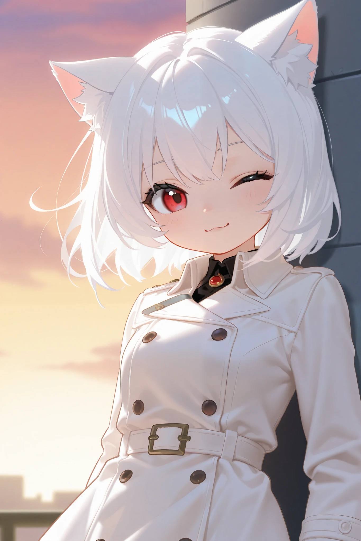 white hair , red eyes on the left,blue eyes on the right,Wearing a white trench coat ,Cat ear girl,cute anime image,tchibi,single girl,Wink, cute expression
