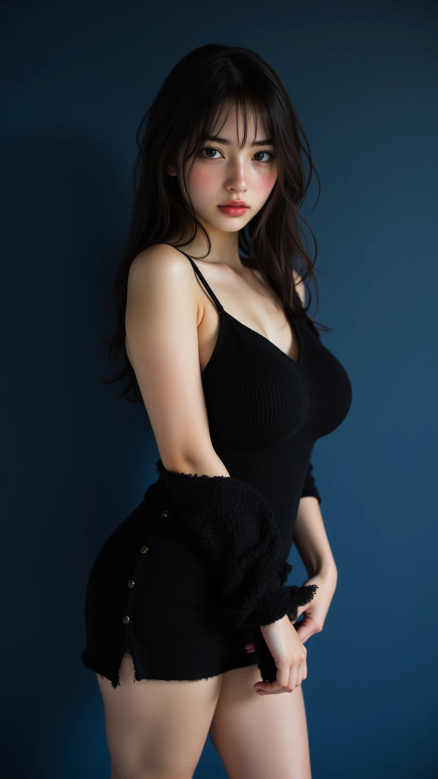 (((Sexy bust accent:1.75)))、(((Sexy Knee High:1.35)))、((((Sexy crotch accent:1.35)))、((((Spread your legs wide、Touching the thigh、There is a lot of pubic hair、large pointy breasts))))、((Boyfriend and girlfriend having sex in missionary position:1.5))、((Sexual pose:1.5))、((Spread legs POV:1.5))、、Browsing Caution、(Humans are biologically correct、reference) 、 lose extra limbsslim limbsextra numbersmutated hands and finger fusionfingersslim bad handslong necklong body anatomybad deformationbad deformation no extra breasts、Not Futanari、masterpiece, Highest quality, Very detailed, 複雑に詳細なSuper detailed, Realistic, Sharp features, Very detailed, Sharp focus, Perfect Face, Perfect Face, Perfect symmetrical perfect eyes, Perfect Plump Lips, Flexible female form, Cinematic, Film Light, Super detailed, hyper Realistic, High resolution, Vibrant, Dynamic Studio Lighting, ((Dark Background)), Sexy Face, The expression when receiving pleasure, Straight bangs, Big Breasts, Exposed cleavage, blue eyes,Black sweater, Cowboy Shot,