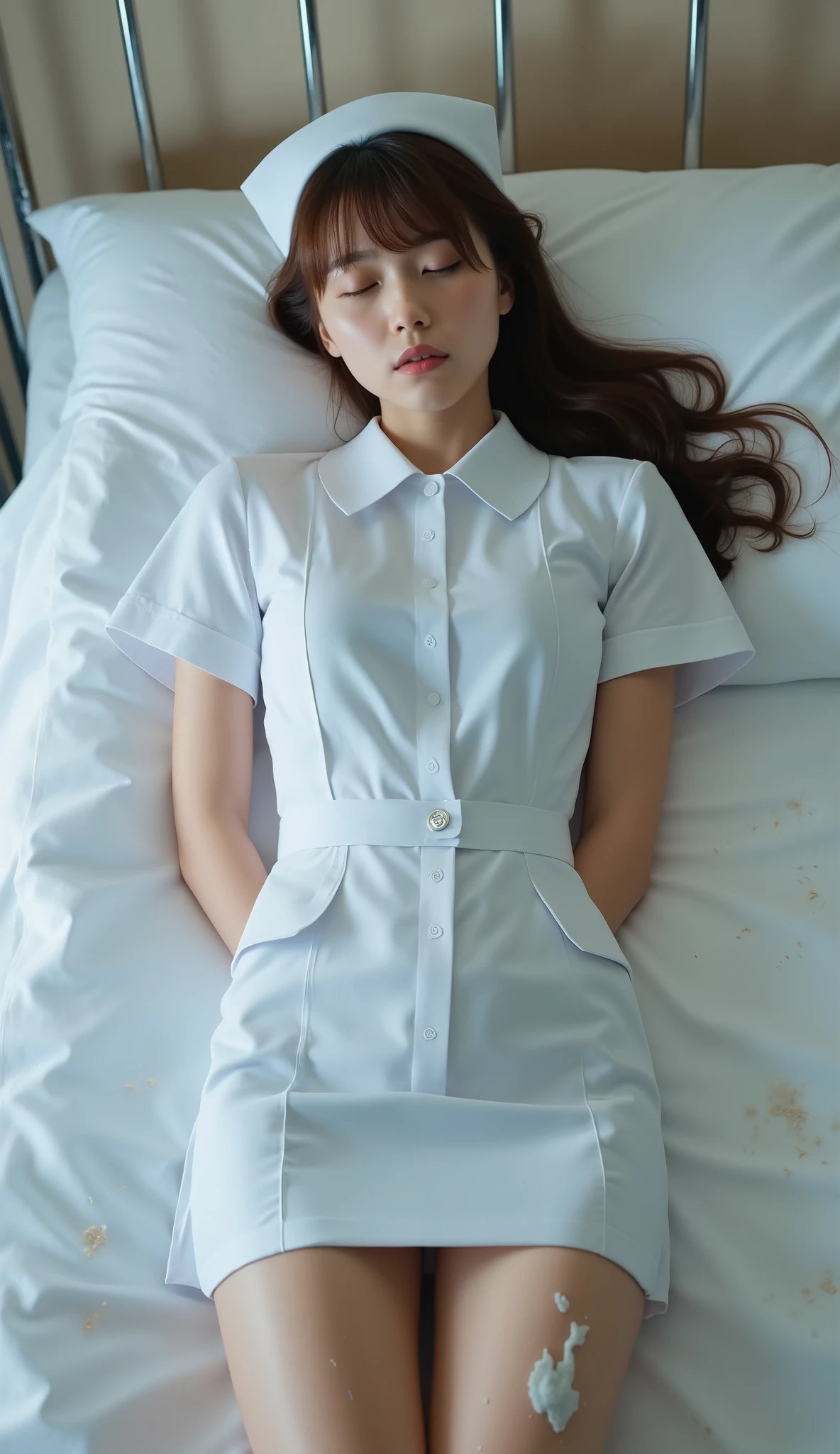 A pretty Japanese woman is laying unconscious on the bed, bound wrists behind your back, eyes close, very bright white skin, brown spread hair, natural bang, wearing a nurse uniform, tight short skirt, eye close, photorealistic, hyperrealism, whole body from head to feet, cum on legs, cum on forehead,