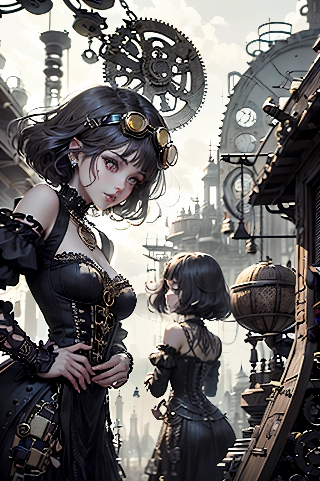 (Ultra-detailed face, Looking away, Gothic Illustration, Dark tone colors.), BREAK 
(A meticulously crafted, steampunk-inspired illustration of a four-piece girl band, where a young, dark-haired keyboard player takes center stage. Her intricate, brass-detailed steampunk attire includes goggles and numerous gears and levers. Surrounding her are three bandmates, each with their own unique steampunk-inspired instruments. A drummer with a brass-and-wood drum set featuring gears and cogs, a guitarist wielding an electric guitar intricately adorned with brass accents and tubes, and a bassist whose instrument is a marvel of steampunk engineering with visible brass pipes and valves. The illustration's backdrop features a fantastical, steampunk-inspired cityscape, with steam billowing from towering machines and intricate gears visible everywhere, highlighting the rich visual details and immersive atmosphere of the scene. This detailed illustration will be a vibrant portrayal of a steampunk musical collective in a visually captivating setting.),  BREAK 
(They have pure white hair with dark gray eyebrows, waist-length wavy hair, small pink lips, lavender eyes, dark purple skin, long eyelashes, and thick eyeliner. Smile.), (She wears a necklace with multiple charms of glowing blue light fabers wrapped around it, and a jet-black, futuristically embellished lace-up dress with a deep red lace ruffle. She wears futuristic black sandals.)