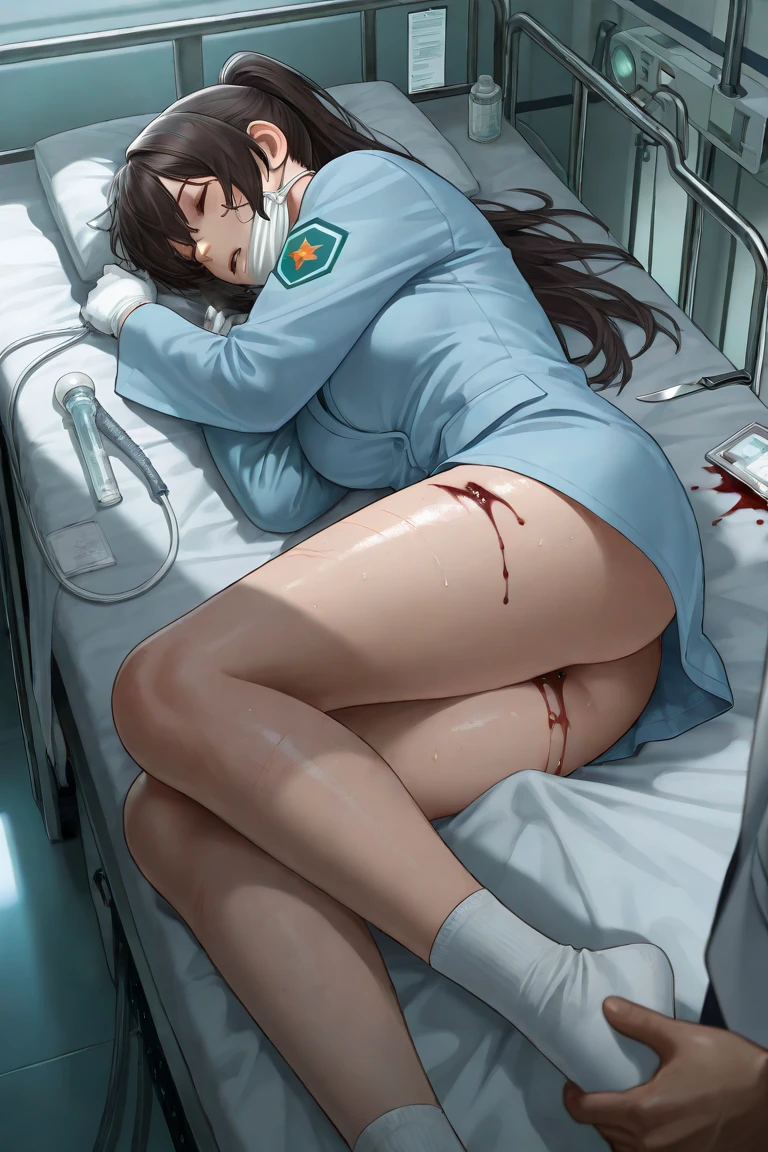 nsfw, 3boy, 1 girl, ((intercourse with a man)), ((3man and 1 sleeping girl, vaginal rape)), (lying on stomach), (crucifixion operating room on the wicked operating metal table), shackles, cum on body, beautiful spoty girl, A pink-haired, sailor leotard, shirtsleeves, toned body, [[abs]], slim beautiful thighs, thin waist, brown eyes ,((wince)), anatomically beautiful body, ((((ultra wide full body shot)))),