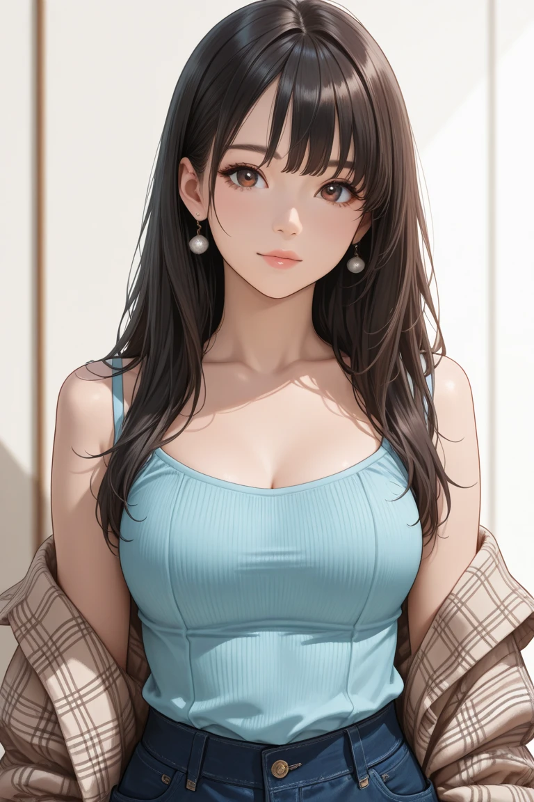 mimosa from black clover anime, long hair, brown hair, green eyes, ponytail, beautiful, beautiful woman, perfect body, perfect breasts, wearing white shirt, sleeveless, black cardigan, long jeans, handbag, wearing watch, wearing earrings , in class , on campus , university , blackboard , looking at the audience , slight smile , realism , masterpiece , textured skin , super detailed , high detail , high quality , best quality , 1080p , 16k