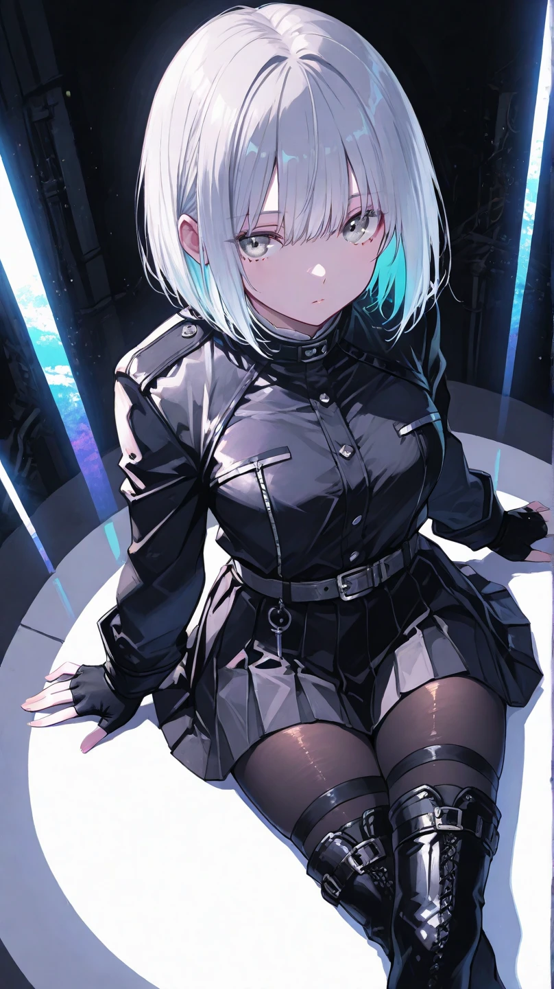 A detailed，short detailed hair，Silvery-white hair，red pupils，The upper body is a red and white uniform，The lower body is an ultra-short white skirt，Black stockings，Small black leather shoes，Very cute beautiful girl，tmasterpiece，8K，best qualtiy