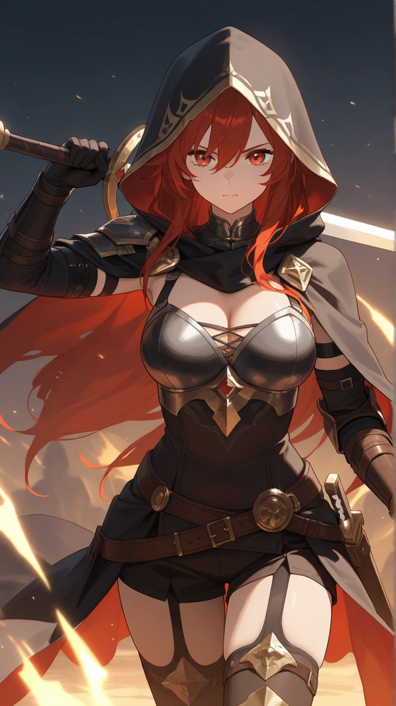 NSFW,Scathach、Long Hair、Purple Hair、(Red Eye:1.5),armor、Bodysuits、Scapula、パープルBodysuits、ショルダーarmor、Thighs、Veil、ブラックVeil、Embarrassed,blush,(Perfect hands),(Perfect Anatomy),(masterpiece),(highest quality),In the forest at night,bonfire