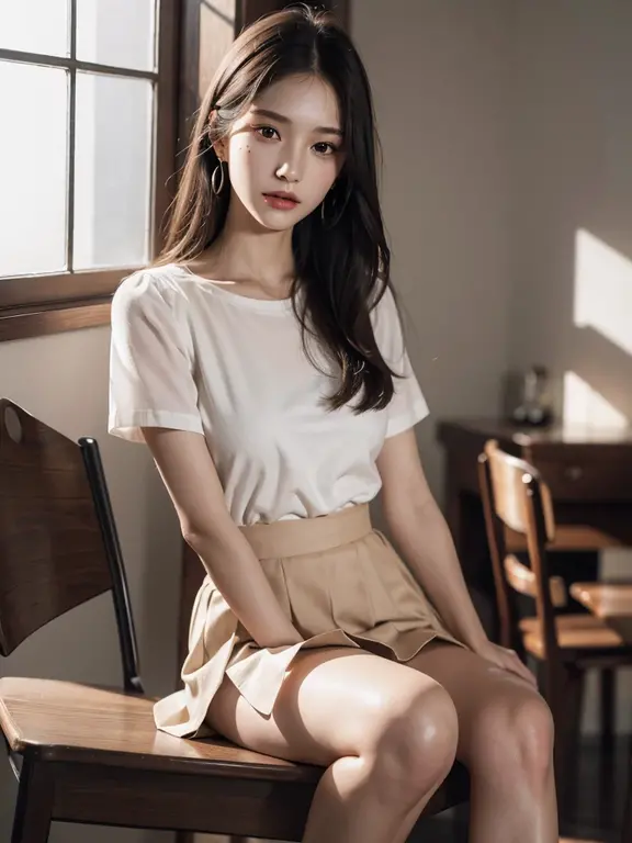 Photo realism, best quality, short black hair, beautiful girl, realistic face, big eyes, fair beautiful skin, long legs, wearing a short skirt in green and white, super realistic, high resolution --auto