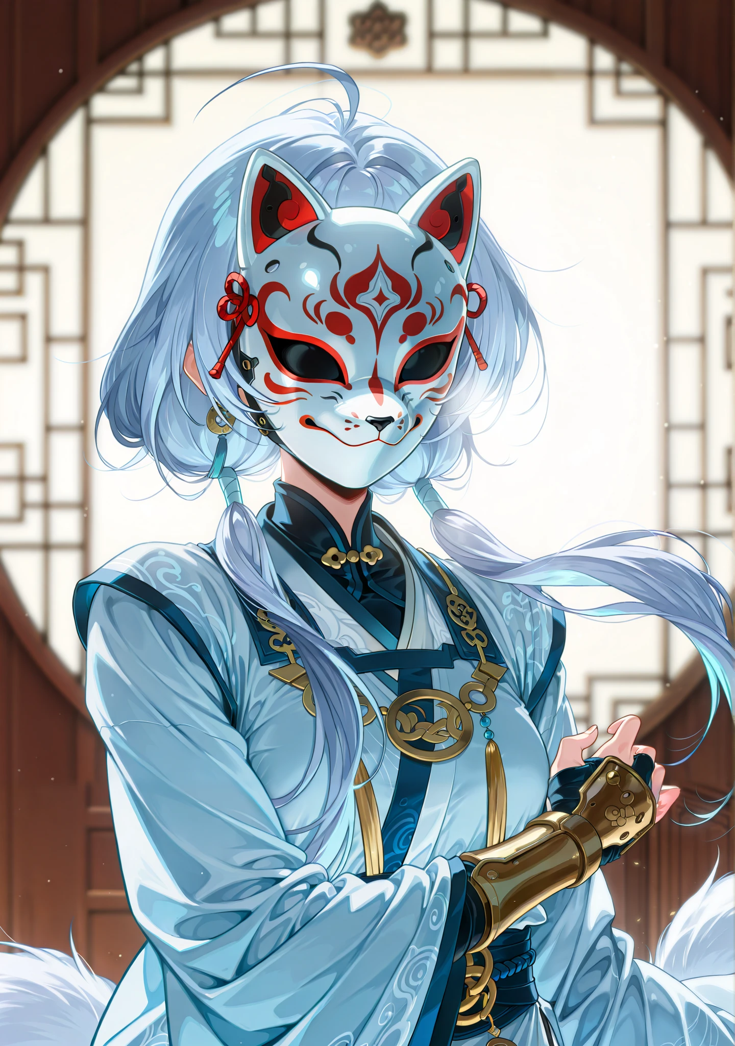 by [arknights|(748cmstyle:0.5)], mature, young adult, masterpiece, best quality, amazing quality, very aesthetic, high resolution, ultra-detailed, absurdres,
1girl, woman, solo, alone,(dynamic pose, upper body focus, medium shot:1.2), GrisHi3, Fol003, Grs_Cos, low twintails, blue hair, covered eyes, ahoge, slender legs, thin legs, hanfu, long sleeves, (closed collar hanfu, covered collar, yesa style robe, yesa hanfu, yesa robe, white mask, masked, fox mask, covered face, fully covered face, kitsune mask:1.33), armored bracers, gauntlets,
BREAK, depth of field, volumetric lighting
 