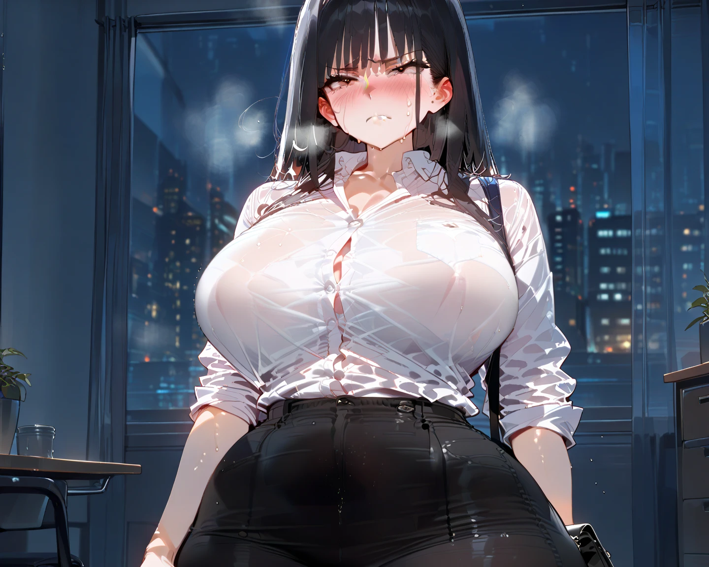 ((masterpiece、high quality、High resolution、4K, 8K, Blue archive official art、live-action)),detailed person、detailed face、detailed eyes、fine eyes、 (dripping sweat、oil skin,sparkling skin、realistic skin texture、detailed beautiful skin、shiny skin, white turtleneck sweater、Black formal jacket、Tight pencil mini skirt, big breasts、beautiful thighs, mature pretty woman、transparent eyes、heavy makeup、sexy、(slender body and limbs,), ((angle from below、shower room))、(random facial expressions), ((clear eyes、double eyelid、red eyes、long black hair、big breasts))、((character Tsukatsuki Rio 、Blue Archive))、wall don、pov 、((Inciting composition))、ぶら下がるbig breastsがシャツから見える、night scenery、night room、dark、lights out、grayscale:27、full of embarrassment、blush、bright red face、shy、(sweat,steam),