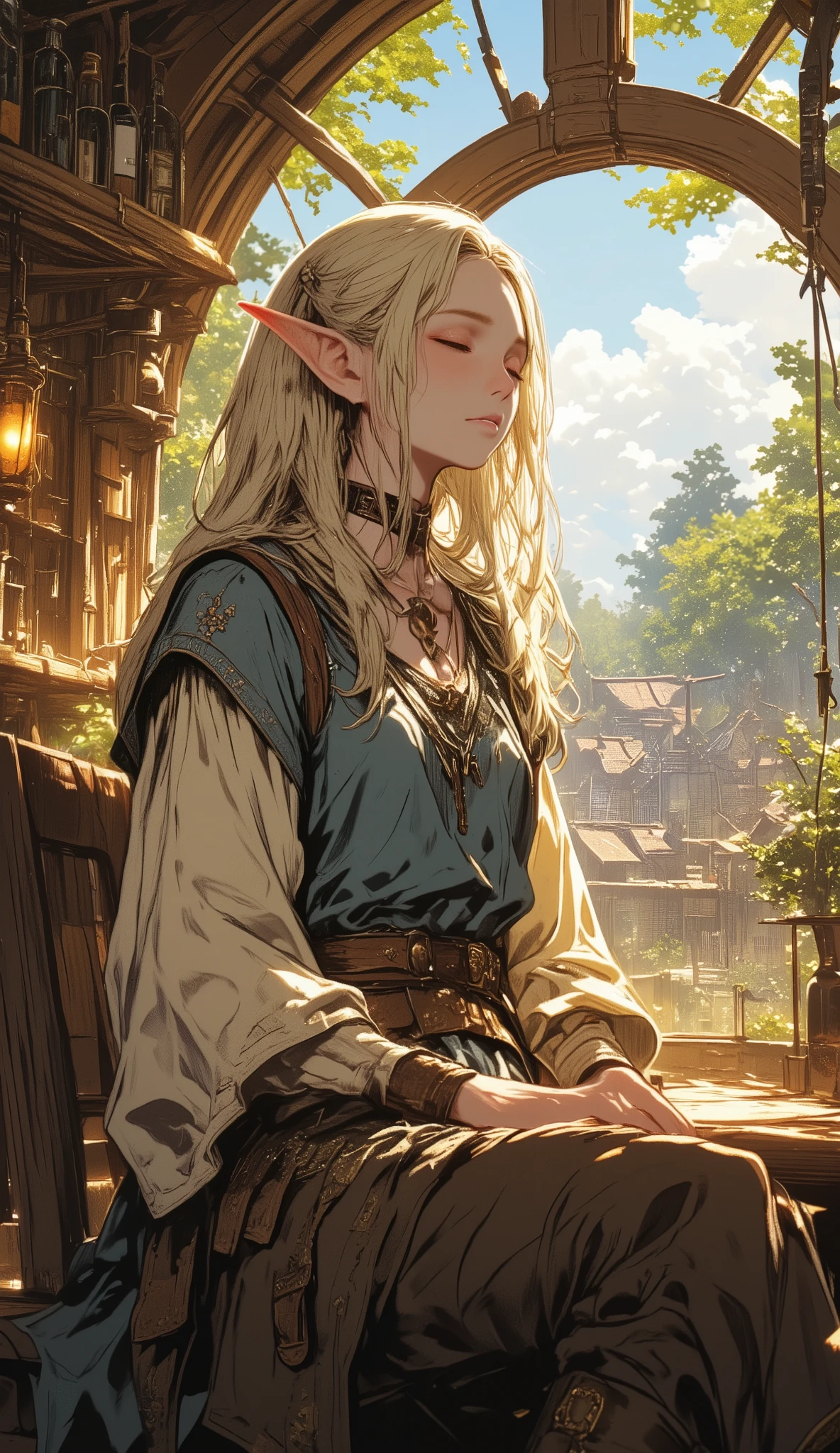 A serene elven woman with fair skin and long, flowing platinum blonde hair, sitting peacefully in a rustic wooden tavern. She has delicate, pointed ears and wears a medieval-inspired outfit — a soft blue tunic with ornate embroidery, layered under a cream-colored blouse with intricate patterns on the sleeves. A leather belt wraps around her waist, and she wears dark brown trousers with visible creases and stitching. Her relaxed posture suggests she's resting, with her eyes closed and a calm expression. The tavern interior features shelves filled with glass bottles, wooden furniture, and soft, golden lighting from hanging lanterns. Through a large arched window, a lively medieval town is visible, with timber-framed houses, lush green trees, and a bright blue sky with fluffy clouds. The warm sunlight filters through the window, casting a golden glow on the elf’s face and hair. The scene should evoke tranquility and comfort, blending semi-realistic fantasy art with a painterly touch. Emphasis on soft textures, warm color palettes, and intricate details in clothing and architecture.