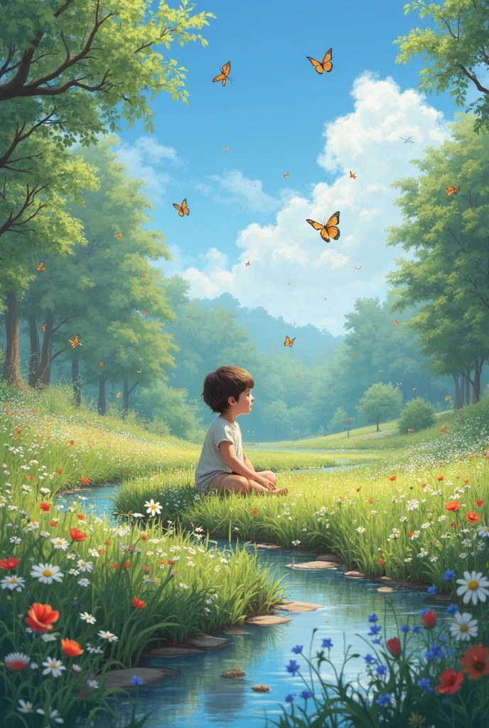 Real image of a nine-year-old boy alone and thoughtful, sitting on the grass focusing his gaze of imagination under the shade of a small fruitless tree, fruits or flowers, more than there are leaves.