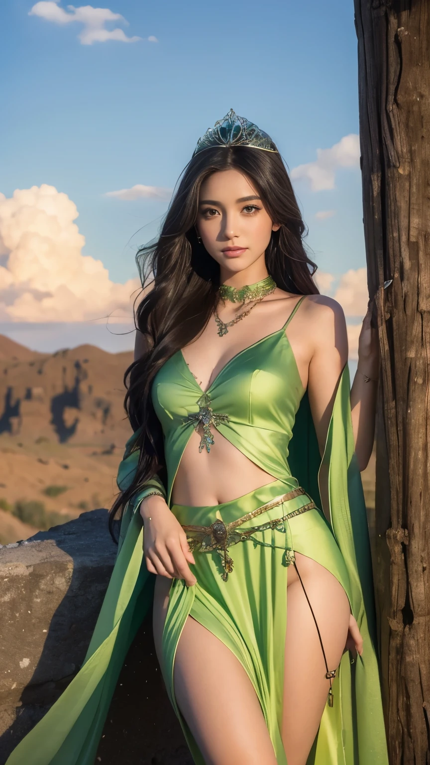 photorealistic, 1girl, ((slim body)), long hair, gradient hair, solo, detailed eyes, jewelry, bracelet, choker, small breasts, looking at viewer, realistic, necklace, (((green princess))), long skirt, thigh highs, green cape, sardine, lace, evening, sunlight, clouds, in the sky, clouds, realistic sun light,, detailed, upper body, sitting,